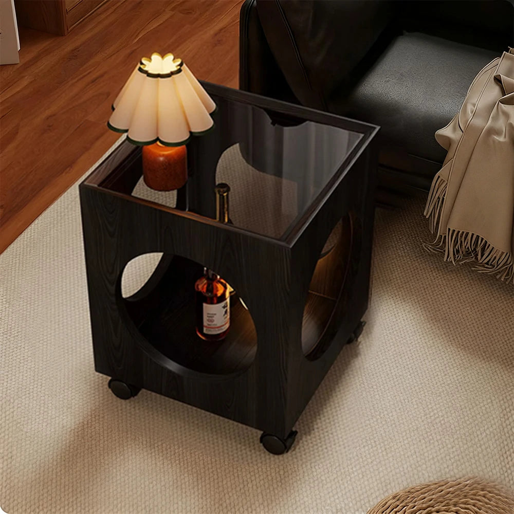 LIVARA 40cm Coffee Table,  Tempered Glass Top, Open Circular Storage, Lockable Wheels - Black