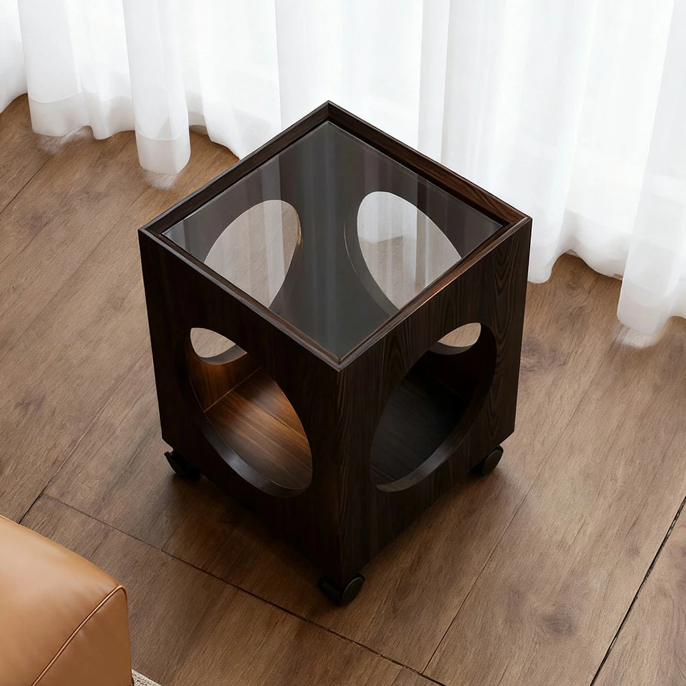 LIVARA 40cm Coffee Table,  Tempered Glass Top, Open Circular Storage, Lockable Wheels - Black