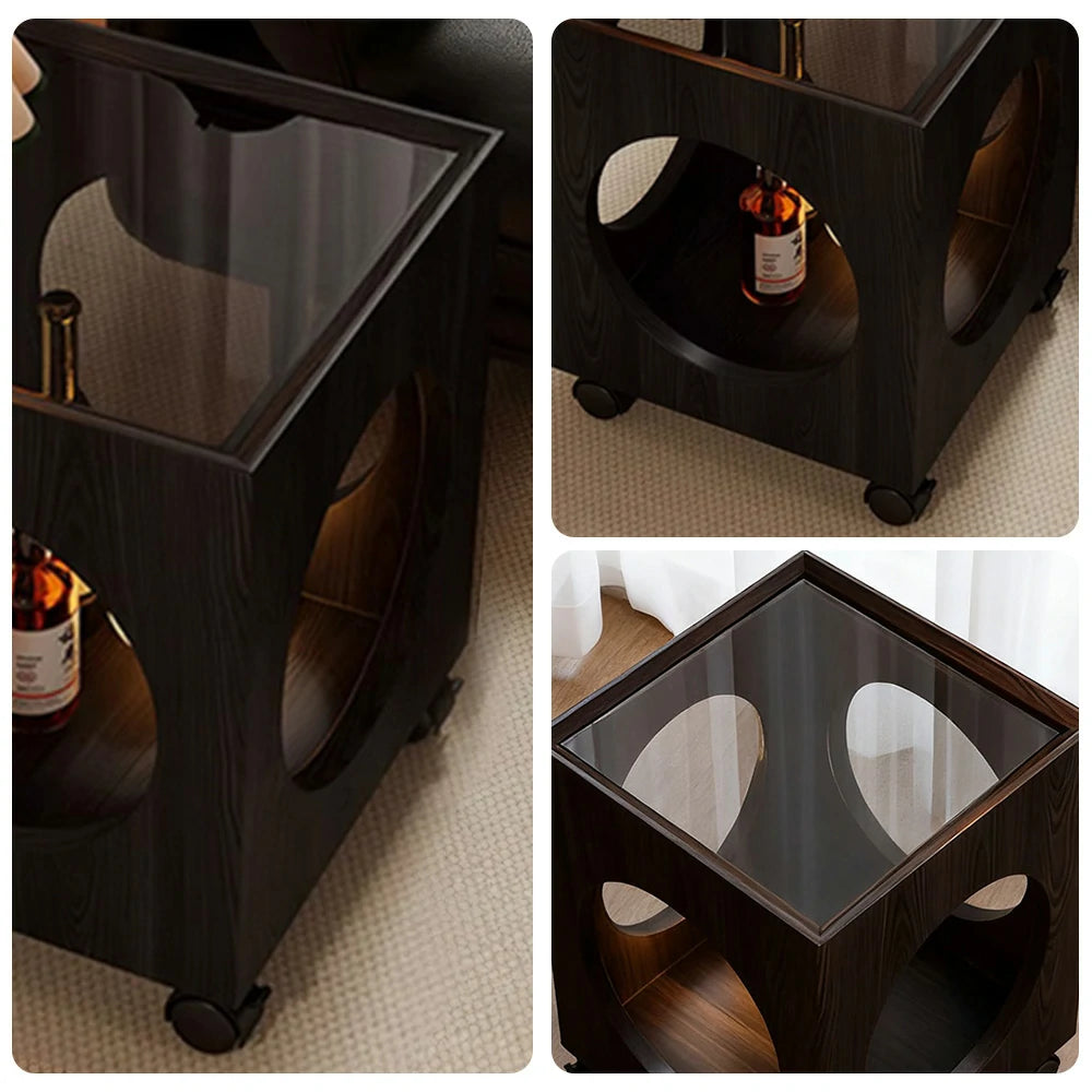 LIVARA 40cm Coffee Table,  Tempered Glass Top, Open Circular Storage, Lockable Wheels - Black