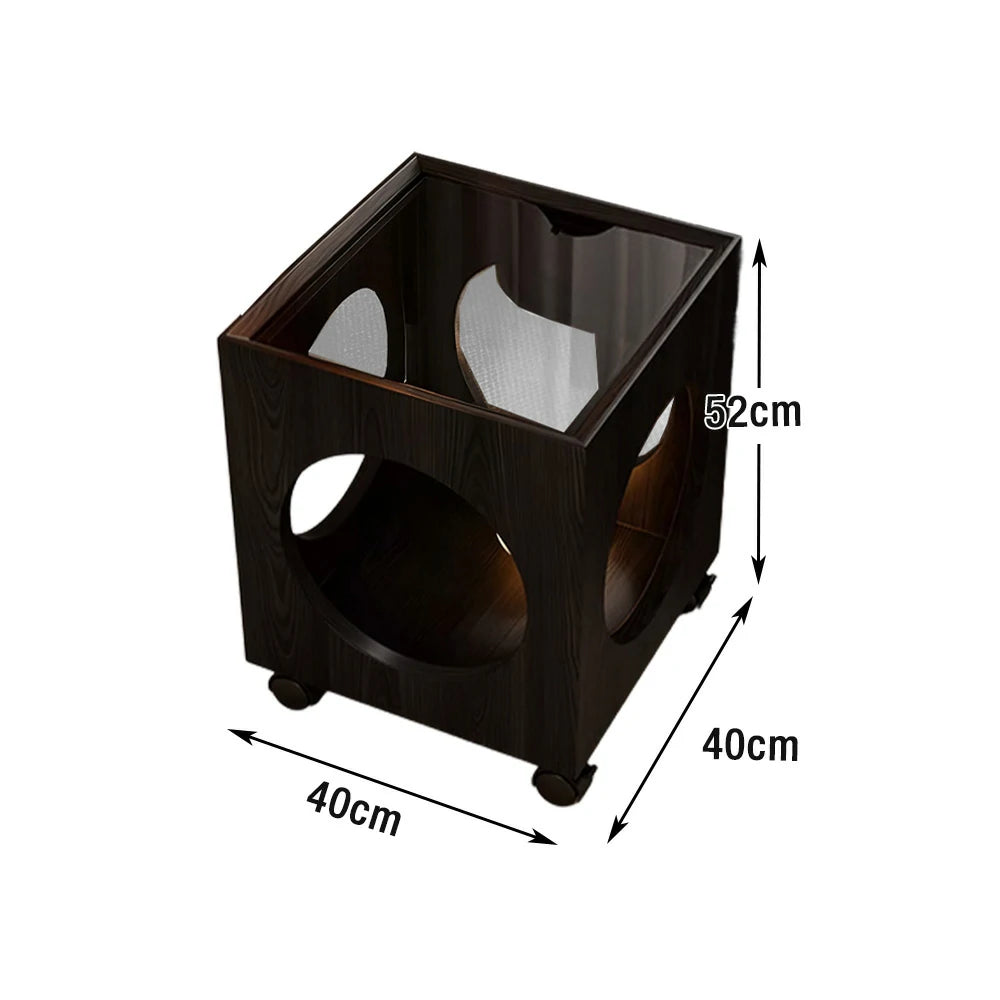 LIVARA 40cm Coffee Table,  Tempered Glass Top, Open Circular Storage, Lockable Wheels - Black