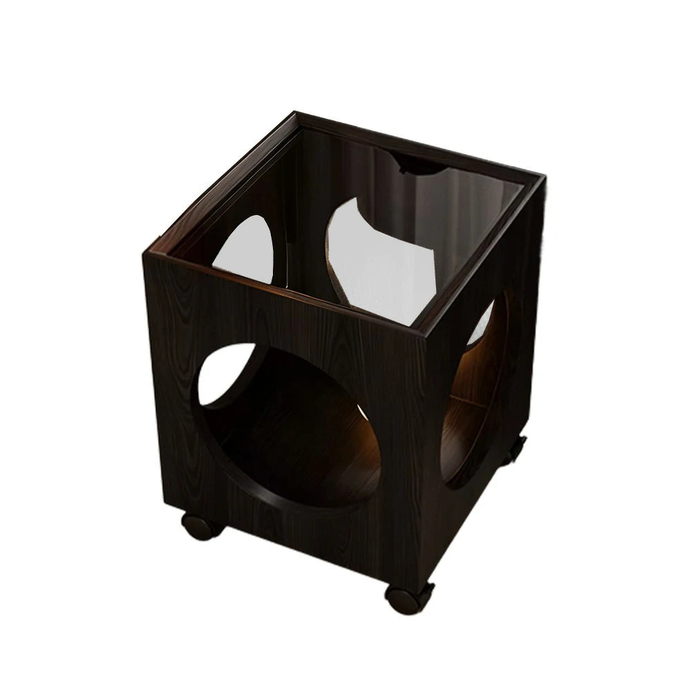 LIVARA 40cm Coffee Table,  Tempered Glass Top, Open Circular Storage, Lockable Wheels - Black