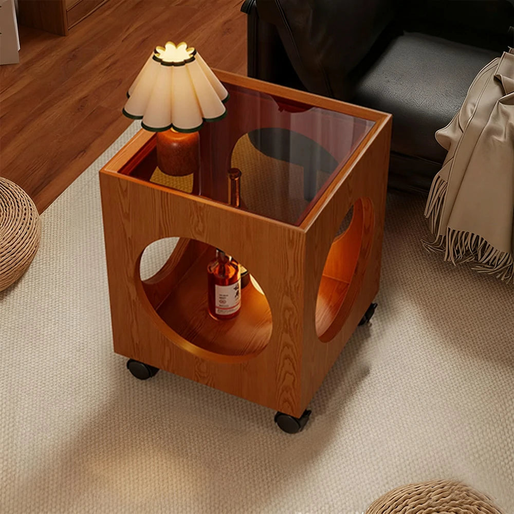 LIVARA 40cm Coffee Table, Tempered Glass Top, Open Circular Storage, Lockable Wheels - Walnut