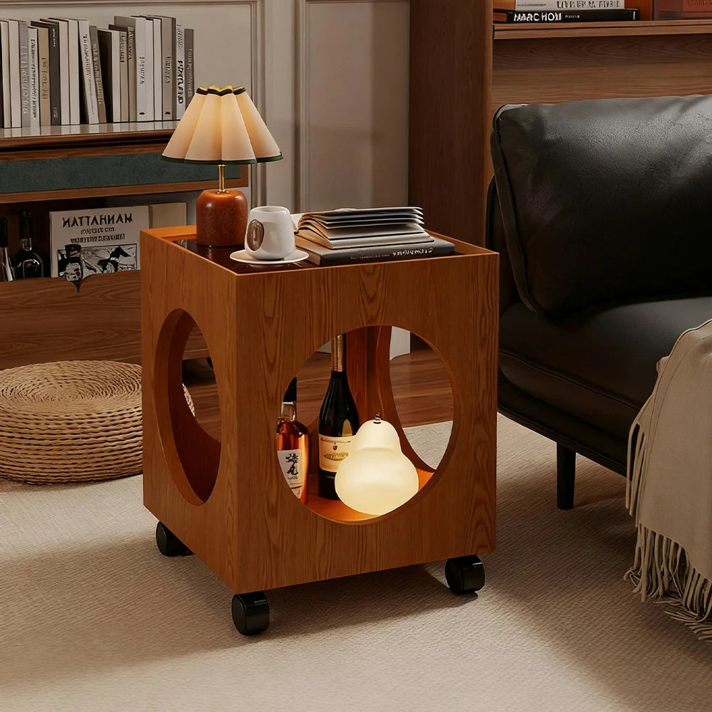 LIVARA 40cm Coffee Table, Tempered Glass Top, Open Circular Storage, Lockable Wheels - Walnut