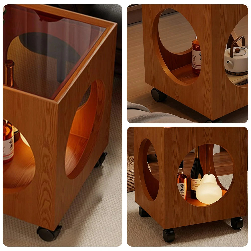 LIVARA 40cm Coffee Table, Tempered Glass Top, Open Circular Storage, Lockable Wheels - Walnut