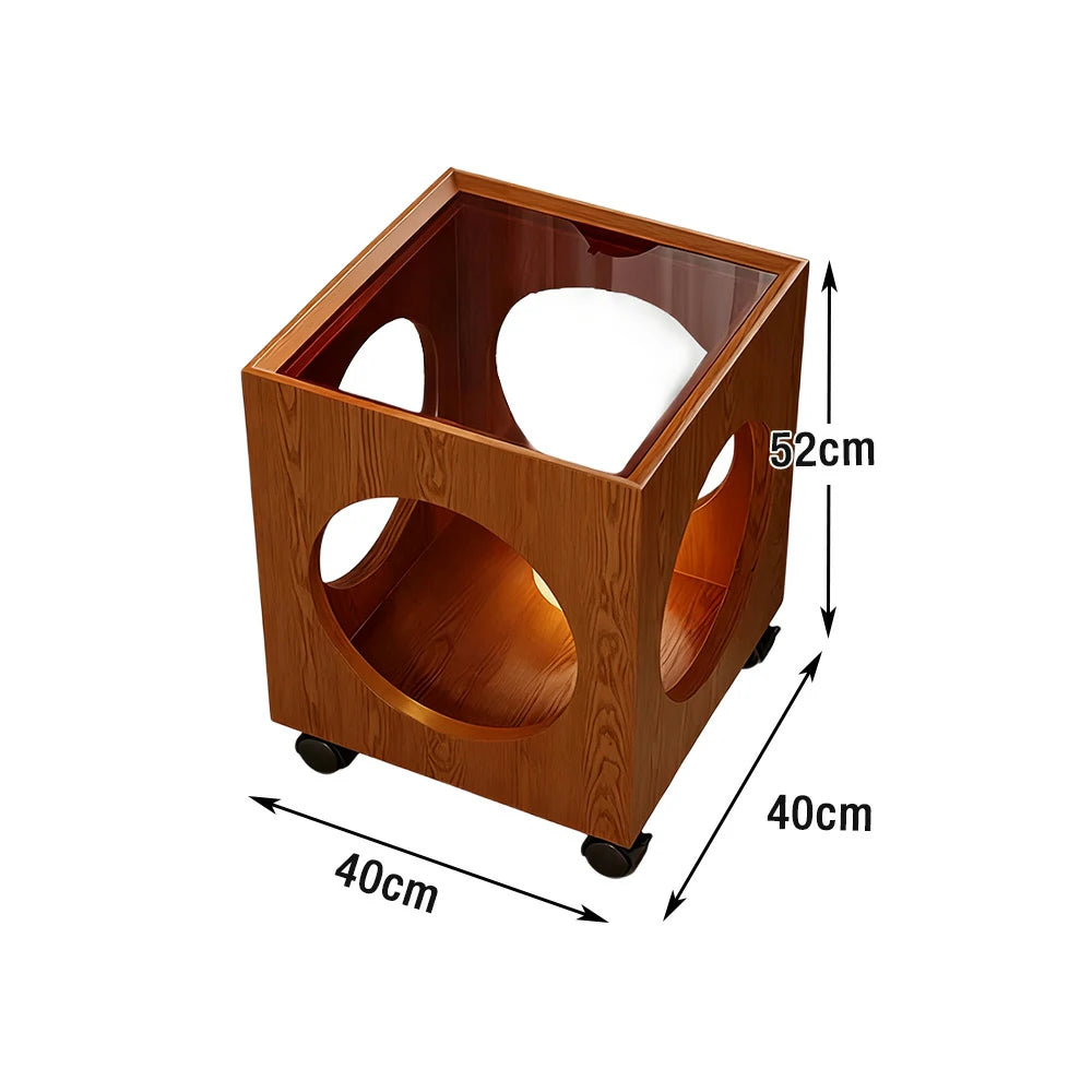 LIVARA 40cm Coffee Table, Tempered Glass Top, Open Circular Storage, Lockable Wheels - Walnut