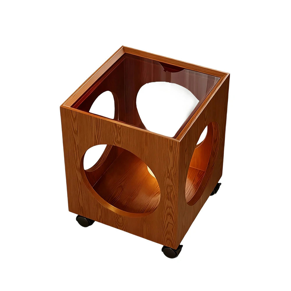 LIVARA 40cm Coffee Table, Tempered Glass Top, Open Circular Storage, Lockable Wheels - Walnut