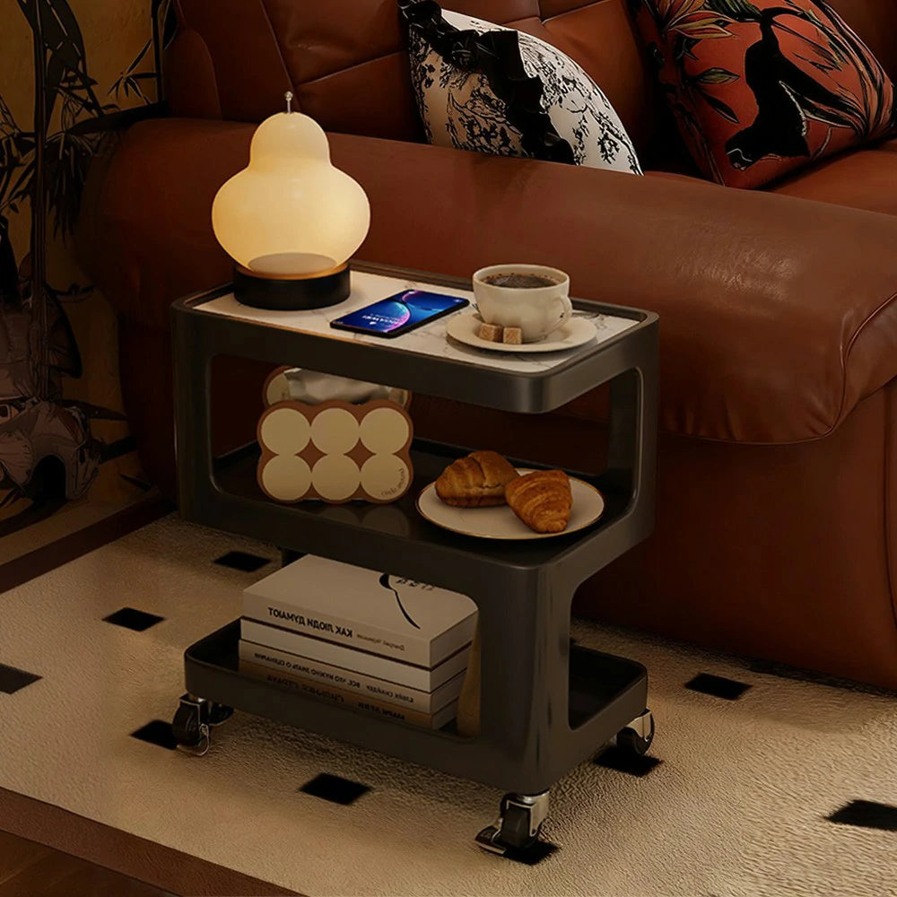 LIVARA Coffee Side Table, Matte Black Carbon Steel Frame, Sintered Stone Top, Three-Tier Storage, Lockable Wheels - Black