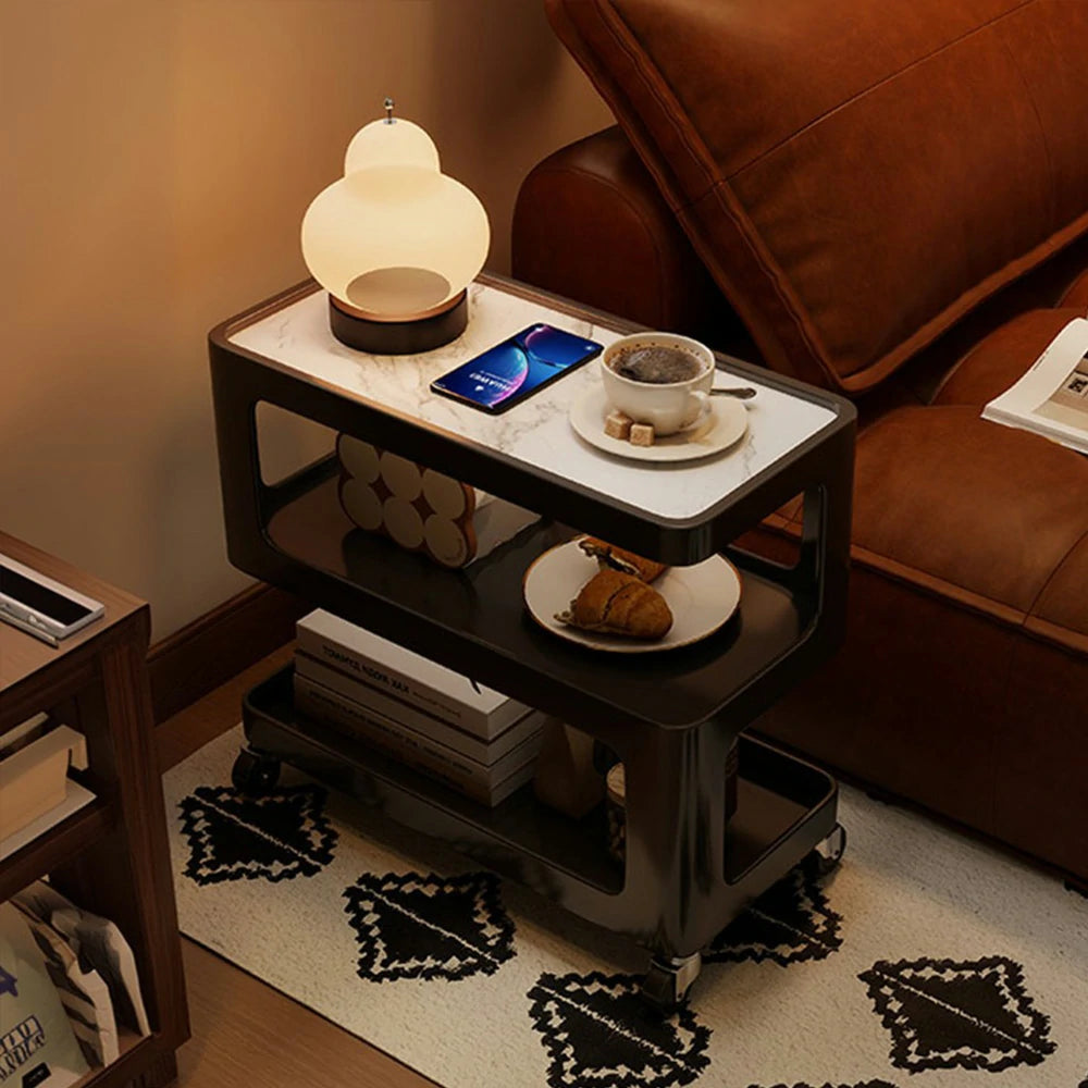 LIVARA Coffee Side Table, Matte Black Carbon Steel Frame, Sintered Stone Top, Three-Tier Storage, Lockable Wheels - Black