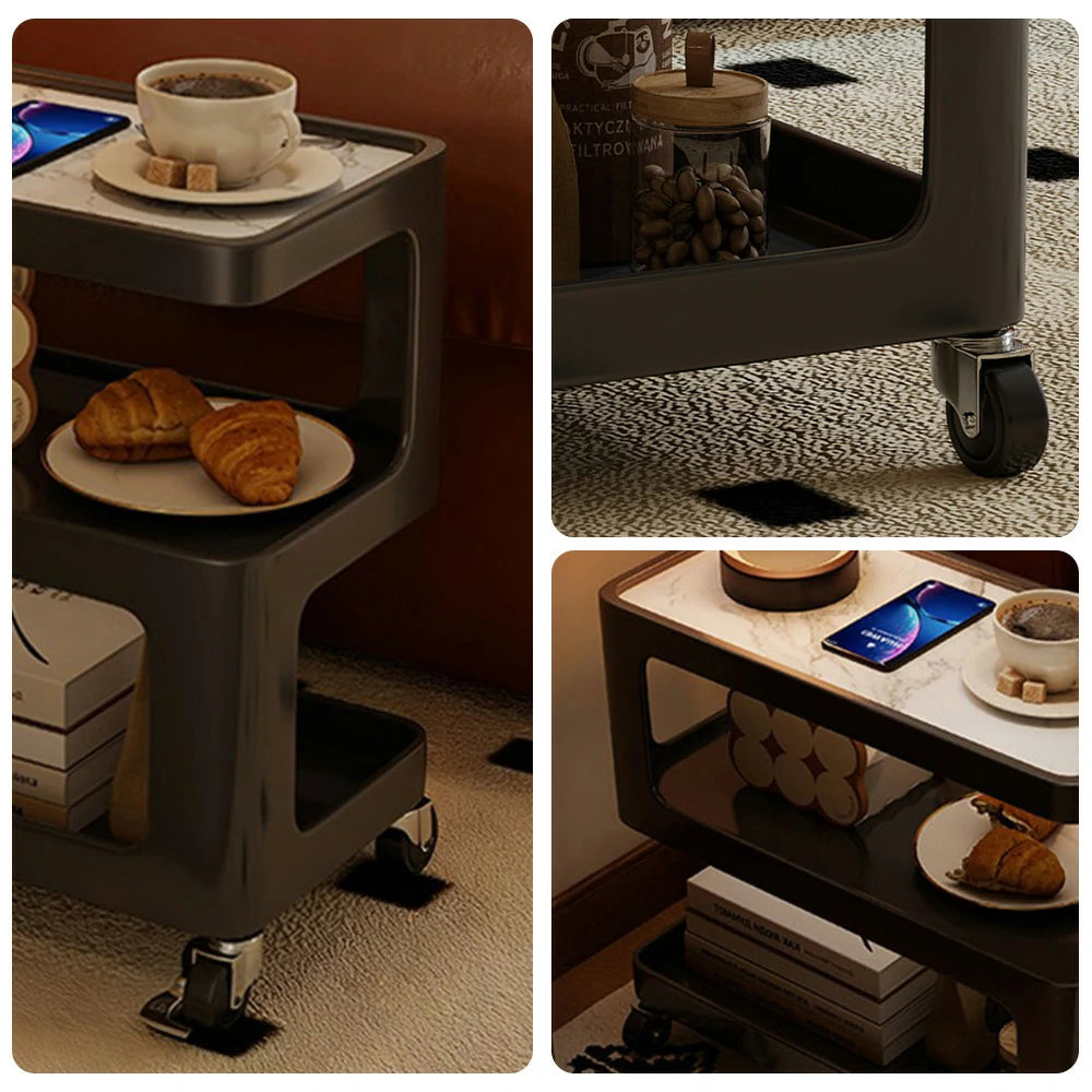 LIVARA Coffee Side Table, Matte Black Carbon Steel Frame, Sintered Stone Top, Three-Tier Storage, Lockable Wheels - Black