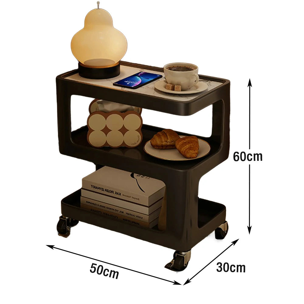 LIVARA Coffee Side Table, Matte Black Carbon Steel Frame, Sintered Stone Top, Three-Tier Storage, Lockable Wheels - Black