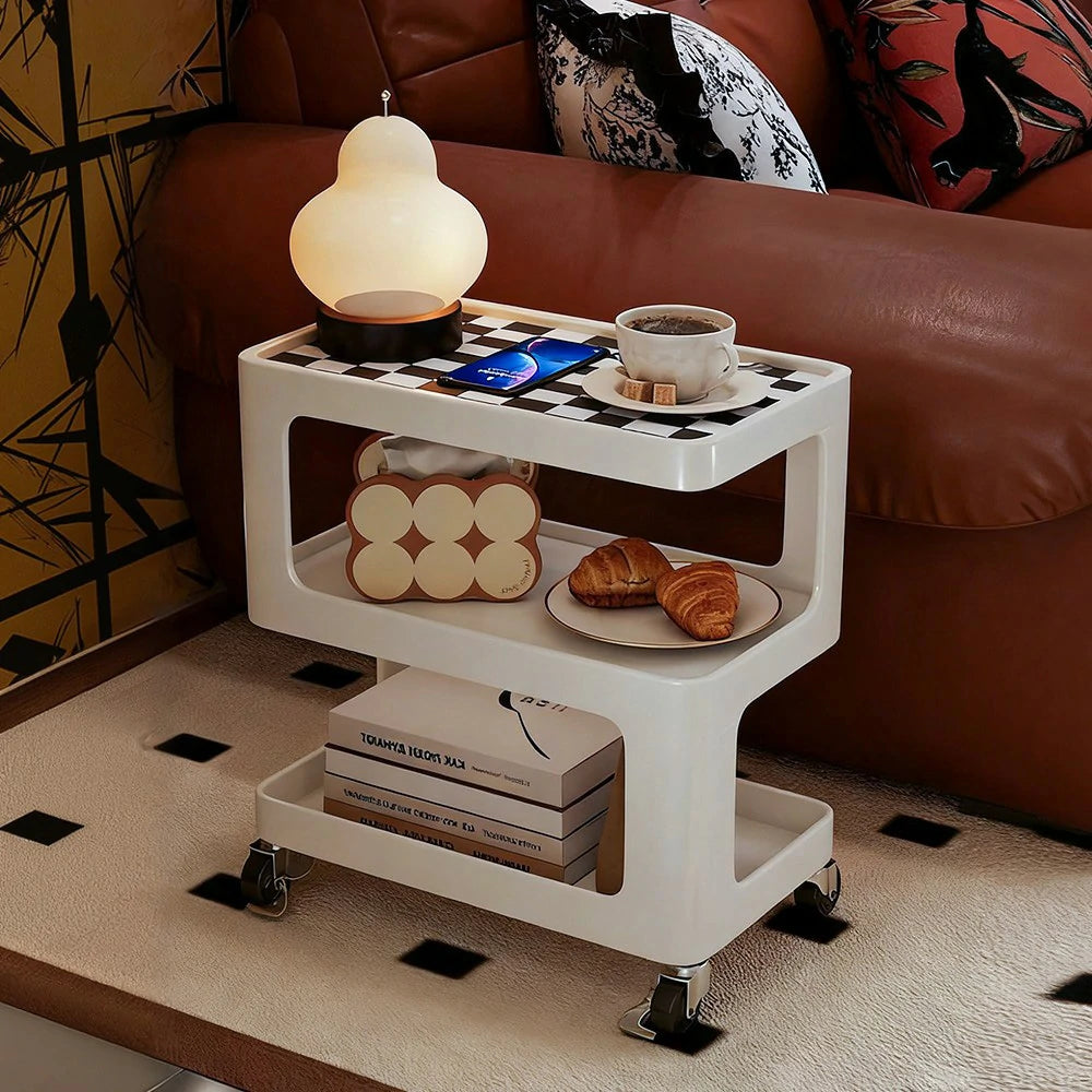 LIVARA Coffee Side Table, Matte Black Carbon Steel Frame, Sintered Stone Top, Three-Tier Storage, Lockable Wheels - White
