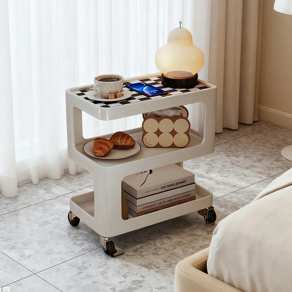 LIVARA Coffee Side Table, Matte Black Carbon Steel Frame, Sintered Stone Top, Three-Tier Storage, Lockable Wheels - White