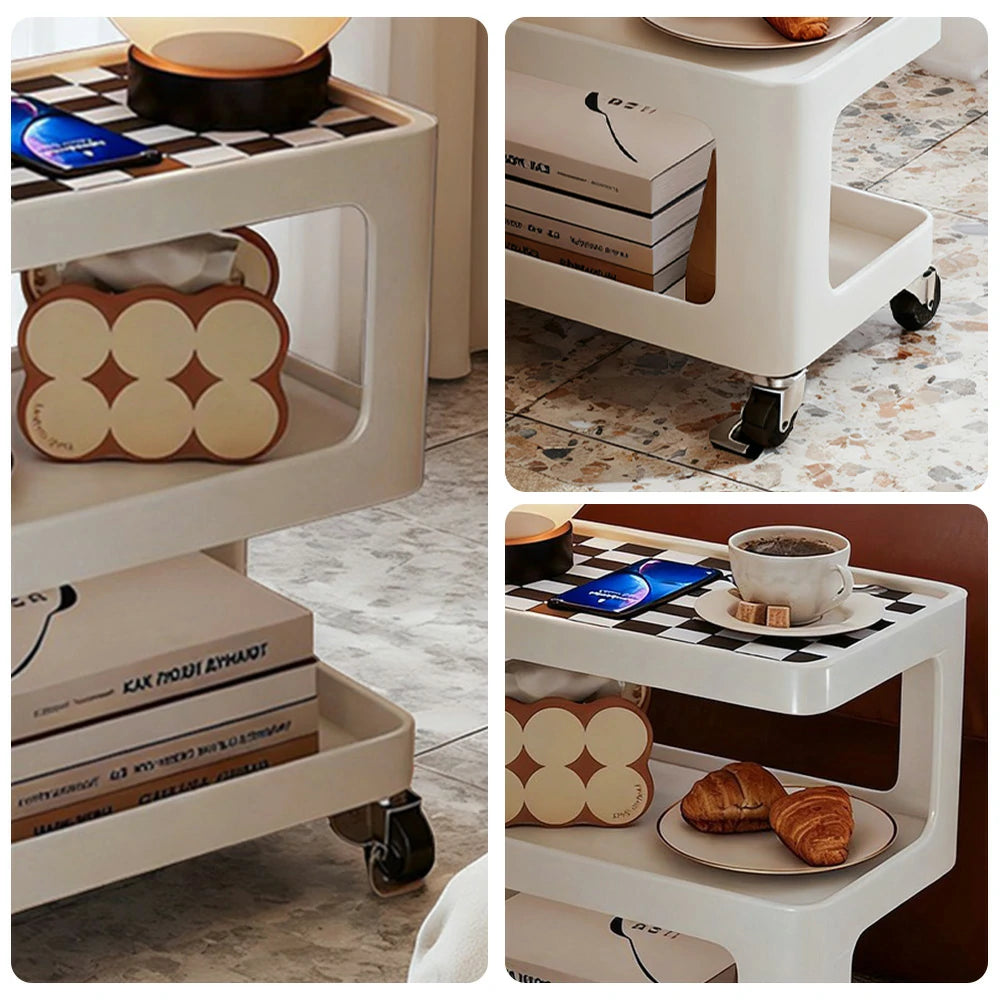 LIVARA Coffee Side Table, Matte Black Carbon Steel Frame, Sintered Stone Top, Three-Tier Storage, Lockable Wheels - White