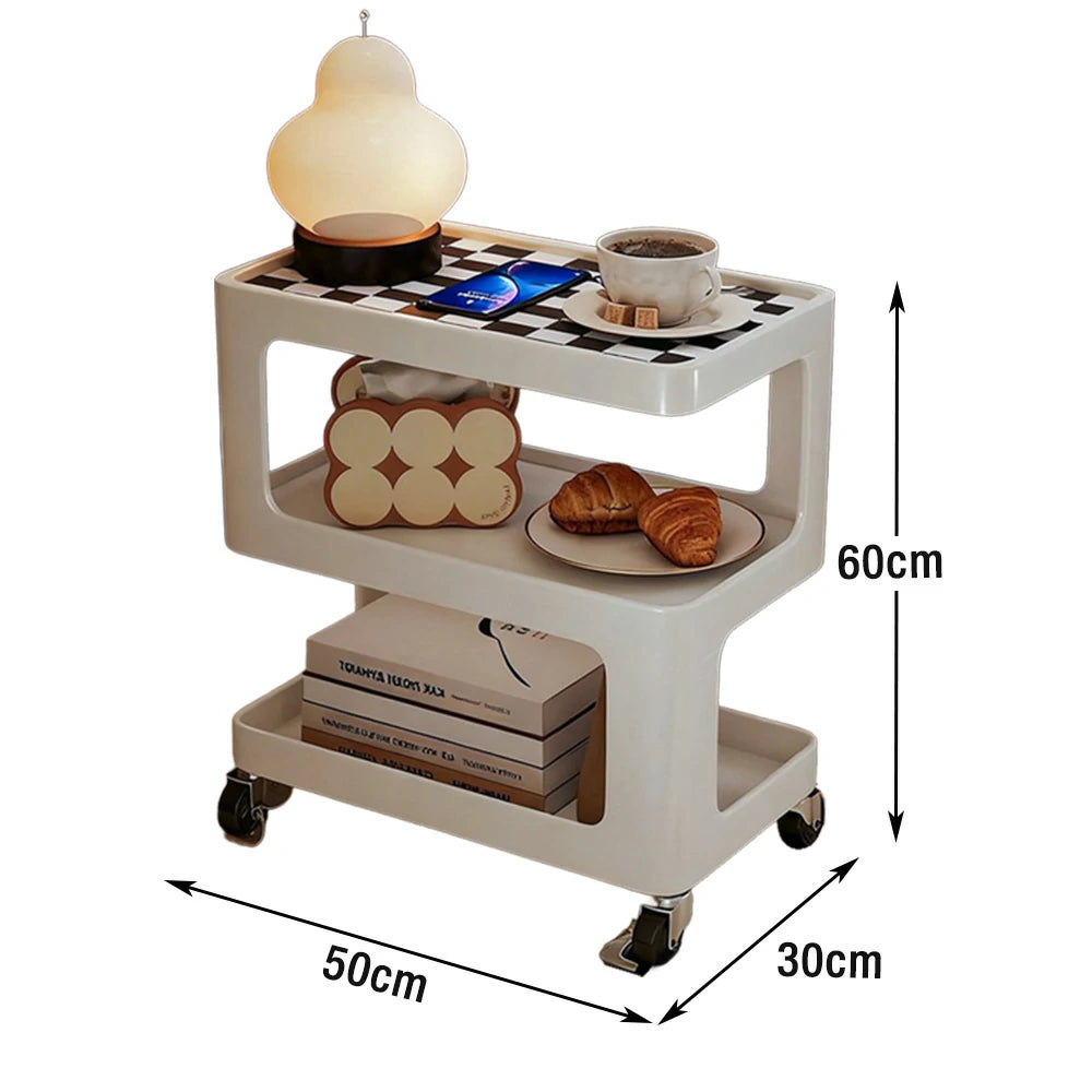 LIVARA Coffee Side Table, Matte Black Carbon Steel Frame, Sintered Stone Top, Three-Tier Storage, Lockable Wheels - White