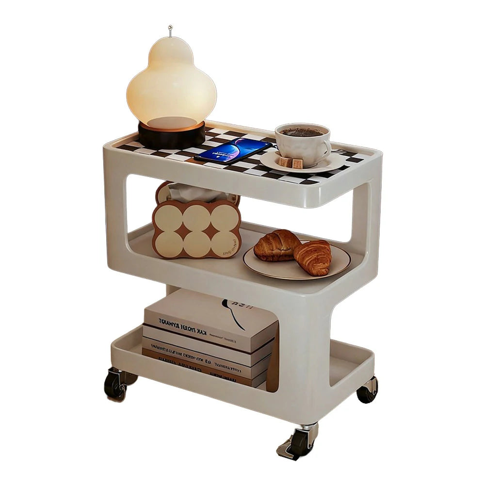 LIVARA Coffee Side Table, Matte Black Carbon Steel Frame, Sintered Stone Top, Three-Tier Storage, Lockable Wheels - White