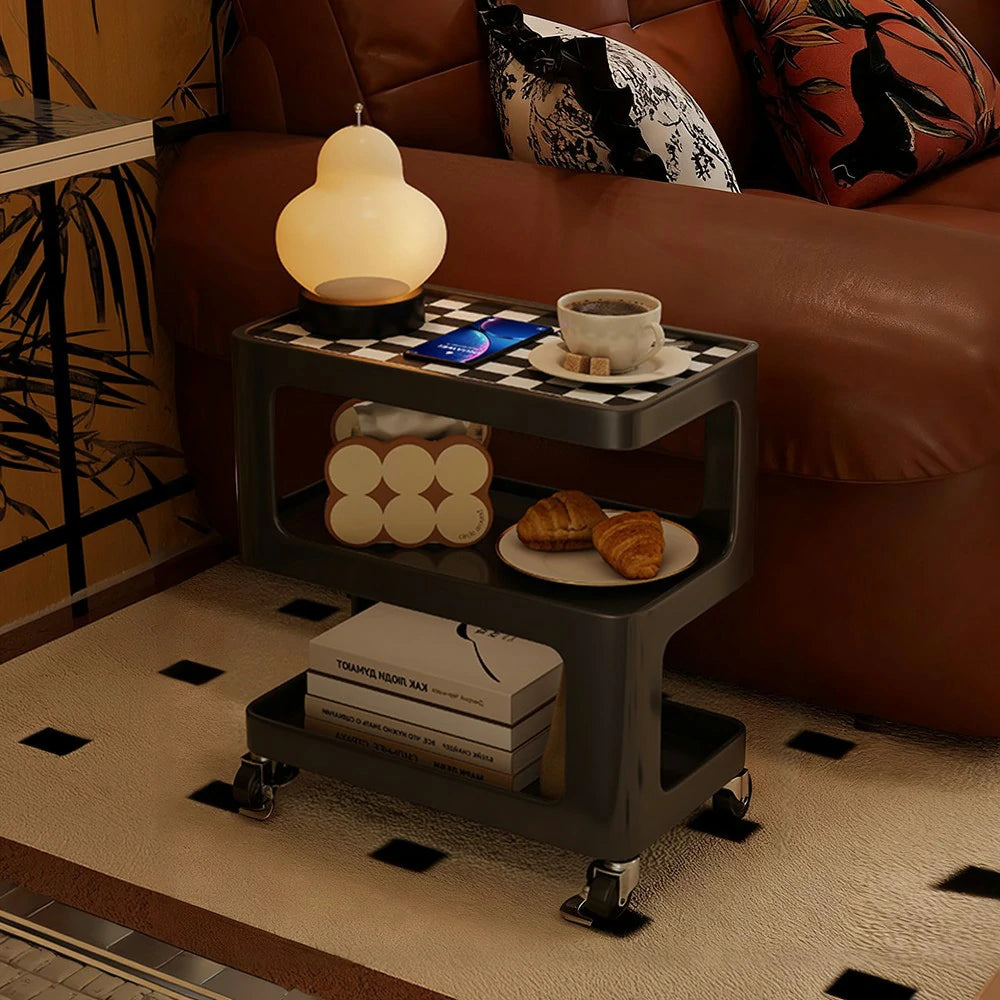 LIVARA Coffee Side Table, Matte Black Carbon Steel Frame, Sintered Stone Top, Three-Tier Storage, Lockable Wheels - Black