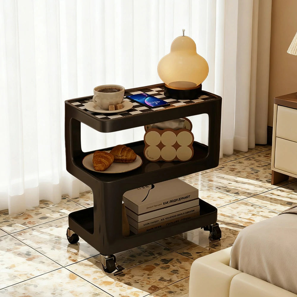 LIVARA Coffee Side Table, Matte Black Carbon Steel Frame, Sintered Stone Top, Three-Tier Storage, Lockable Wheels - Black