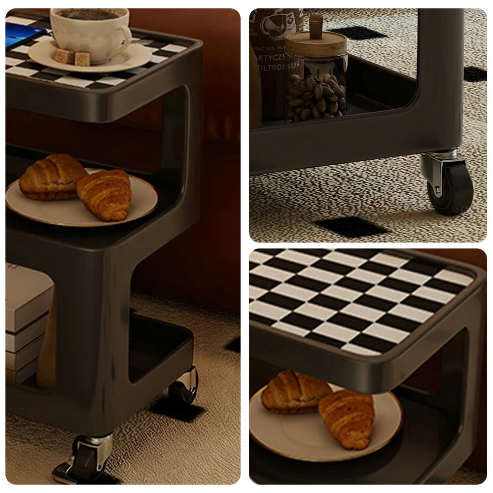 LIVARA Coffee Side Table, Matte Black Carbon Steel Frame, Sintered Stone Top, Three-Tier Storage, Lockable Wheels - Black