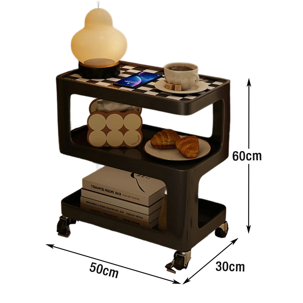 LIVARA Coffee Side Table, Matte Black Carbon Steel Frame, Sintered Stone Top, Three-Tier Storage, Lockable Wheels - Black