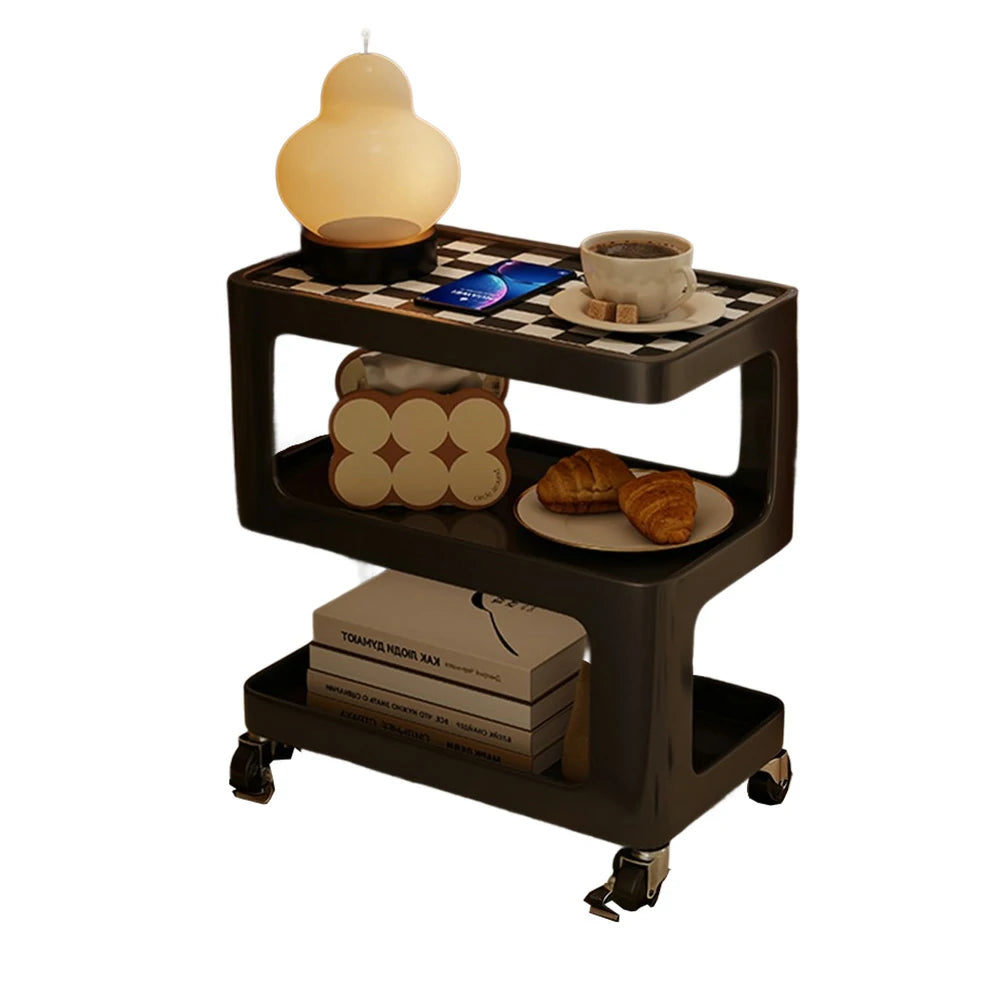 LIVARA Coffee Side Table, Matte Black Carbon Steel Frame, Sintered Stone Top, Three-Tier Storage, Lockable Wheels - Black