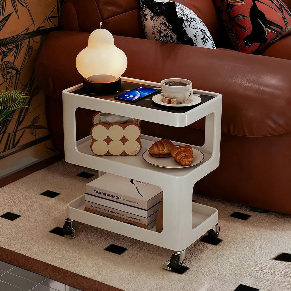 LIVARA Coffee Side Table, Matte Black Carbon Steel Frame, Sintered Stone Top, Three-Tier Storage, Lockable Wheels - White