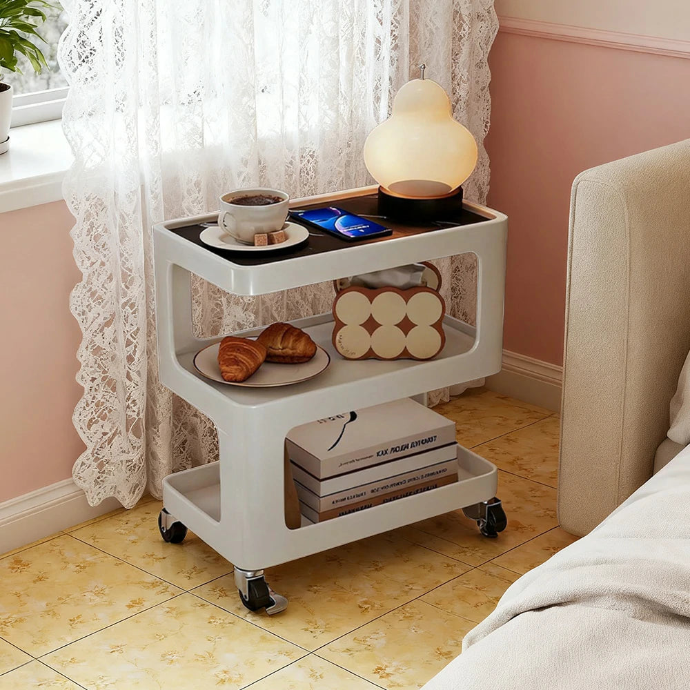 LIVARA Coffee Side Table, Matte Black Carbon Steel Frame, Sintered Stone Top, Three-Tier Storage, Lockable Wheels - White