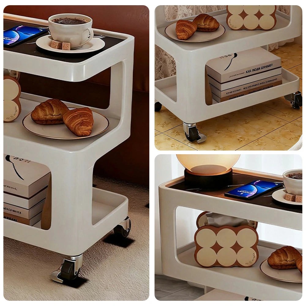 LIVARA Coffee Side Table, Matte Black Carbon Steel Frame, Sintered Stone Top, Three-Tier Storage, Lockable Wheels - White