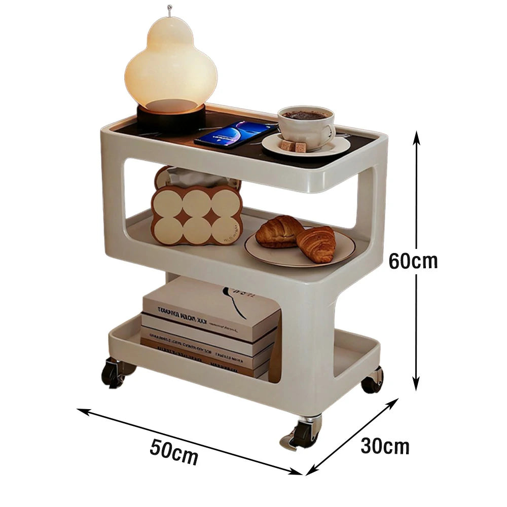 LIVARA Coffee Side Table, Matte Black Carbon Steel Frame, Sintered Stone Top, Three-Tier Storage, Lockable Wheels - White