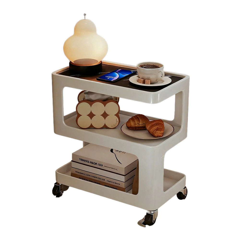 LIVARA Coffee Side Table, Matte Black Carbon Steel Frame, Sintered Stone Top, Three-Tier Storage, Lockable Wheels - White