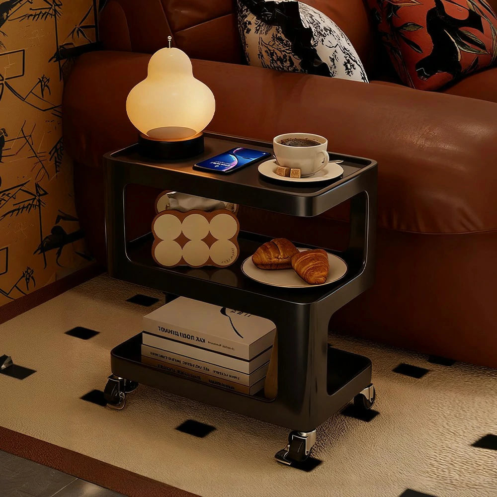 LIVARA Coffee Side Table, Matte Black Carbon Steel Frame, Sintered Stone Top, Three-Tier Storage, Lockable Wheels - Black
