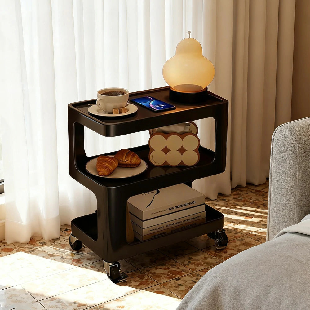 LIVARA Coffee Side Table, Matte Black Carbon Steel Frame, Sintered Stone Top, Three-Tier Storage, Lockable Wheels - Black