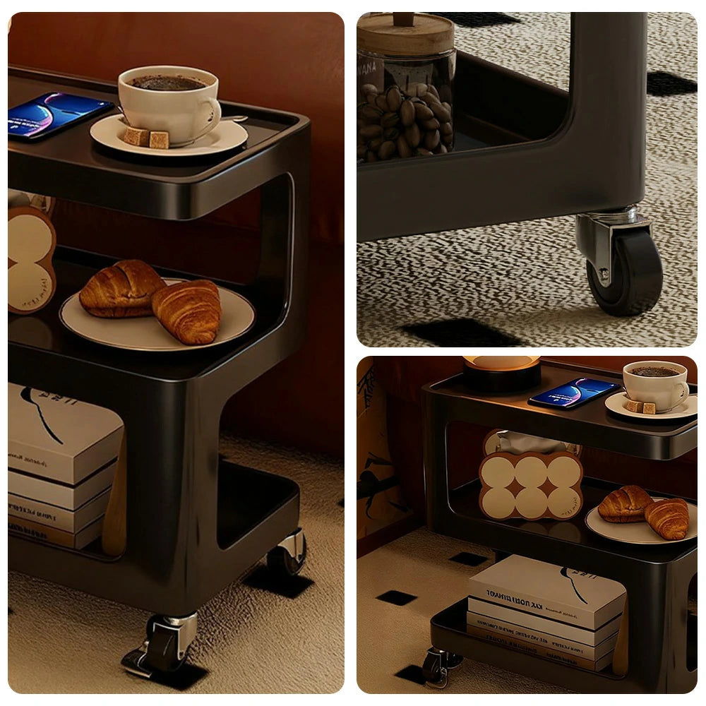 LIVARA Coffee Side Table, Matte Black Carbon Steel Frame, Sintered Stone Top, Three-Tier Storage, Lockable Wheels - Black