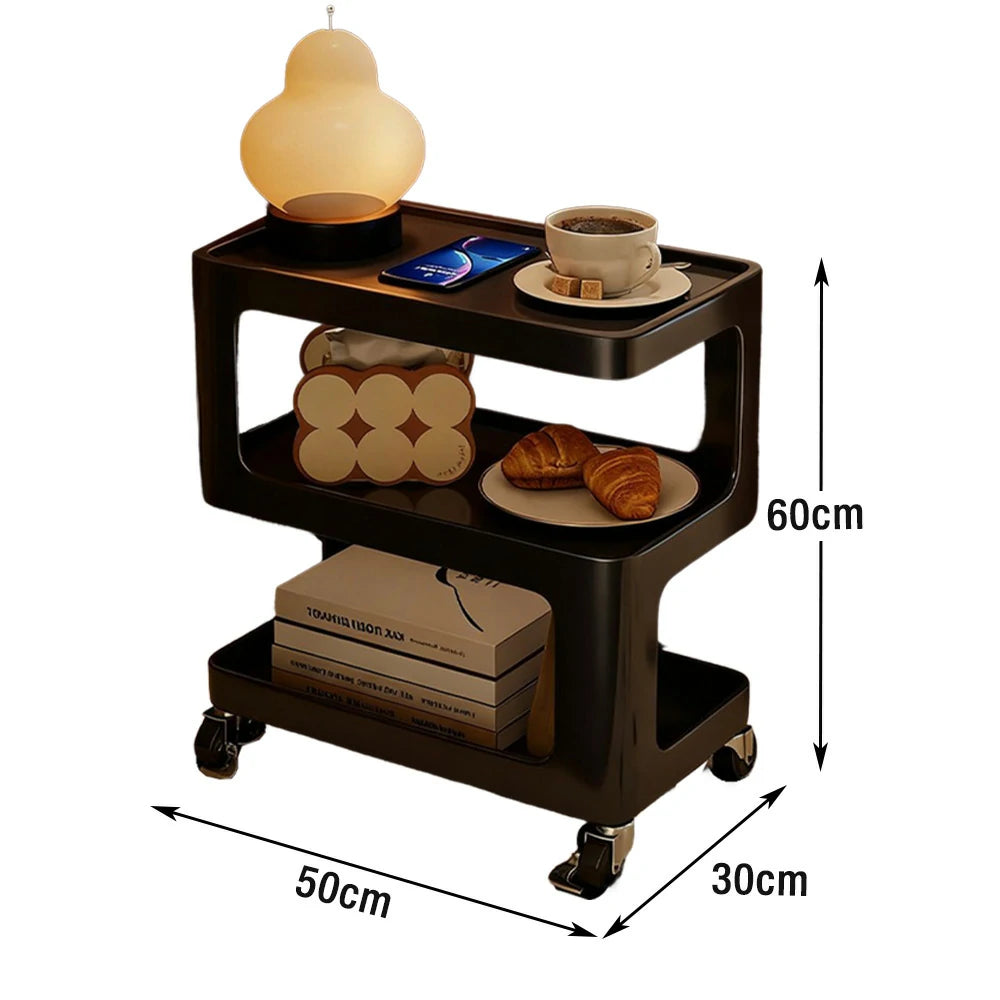 LIVARA Coffee Side Table, Matte Black Carbon Steel Frame, Sintered Stone Top, Three-Tier Storage, Lockable Wheels - Black