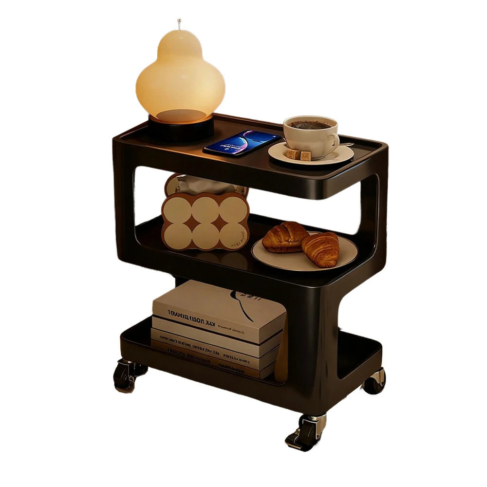 LIVARA Coffee Side Table, Matte Black Carbon Steel Frame, Sintered Stone Top, Three-Tier Storage, Lockable Wheels - Black