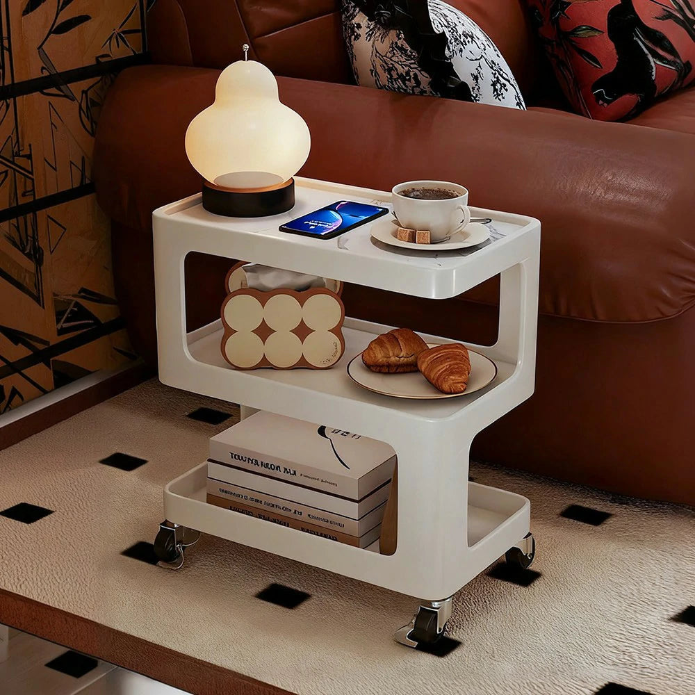LIVARA Coffee Side Table, Matte Black Carbon Steel Frame, Sintered Stone Top, Three-Tier Storage, Lockable Wheels - White