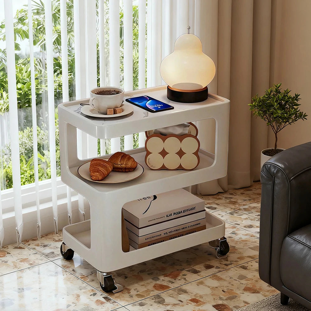 LIVARA Coffee Side Table, Matte Black Carbon Steel Frame, Sintered Stone Top, Three-Tier Storage, Lockable Wheels - White