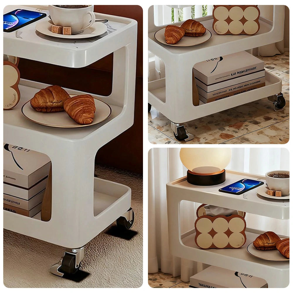 LIVARA Coffee Side Table, Matte Black Carbon Steel Frame, Sintered Stone Top, Three-Tier Storage, Lockable Wheels - White