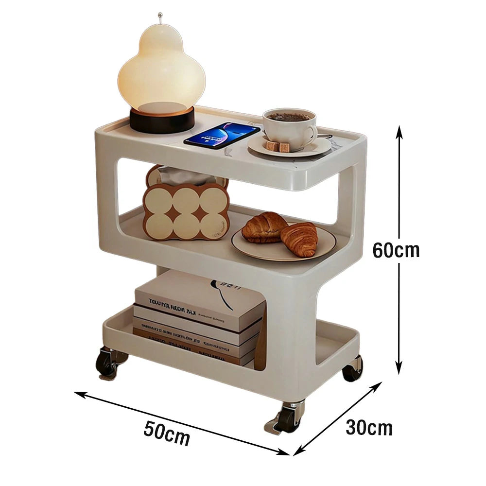 LIVARA Coffee Side Table, Matte Black Carbon Steel Frame, Sintered Stone Top, Three-Tier Storage, Lockable Wheels - White