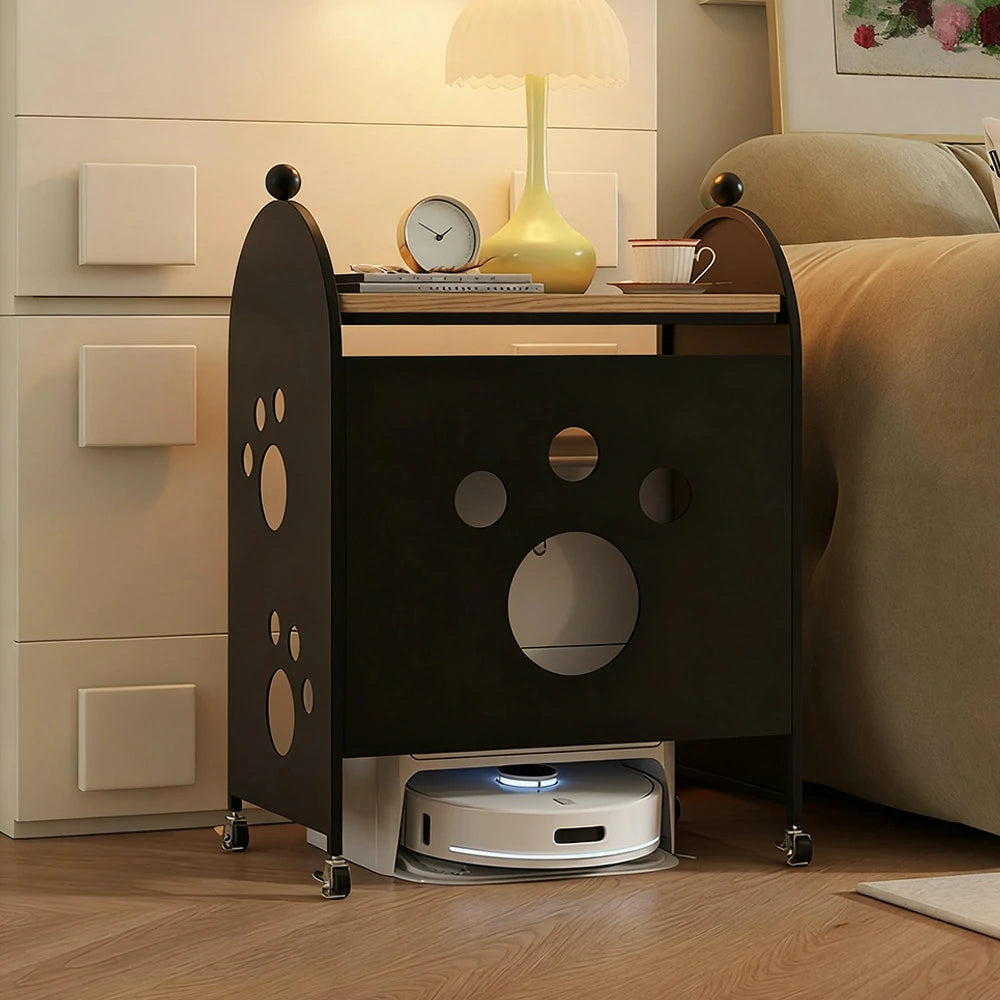 LIVARA Storage Rack with Solid Wood Top, Robot Vacuum Compatible Base, Partition Design, Lockable Casters – Durable & Space-Saving - Black