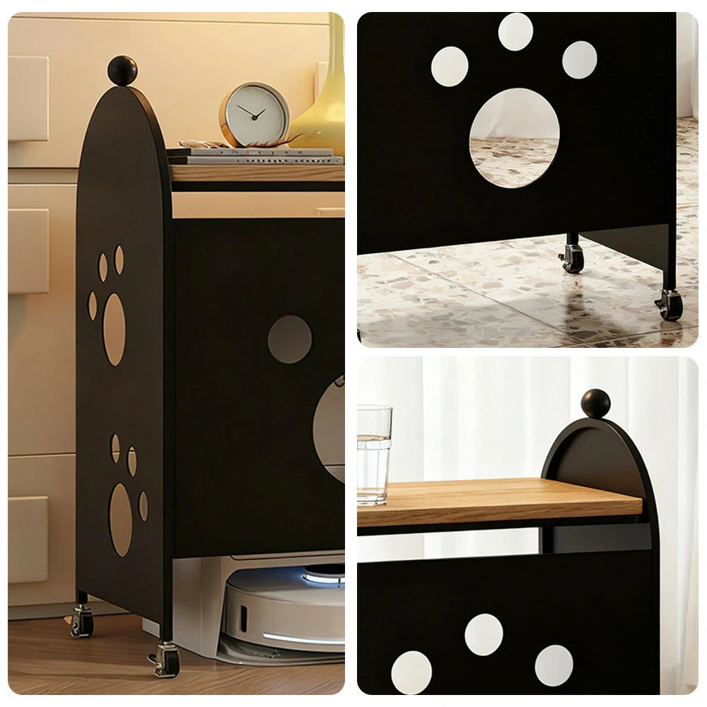 LIVARA Storage Rack with Solid Wood Top, Robot Vacuum Compatible Base, Partition Design, Lockable Casters – Durable & Space-Saving - Black