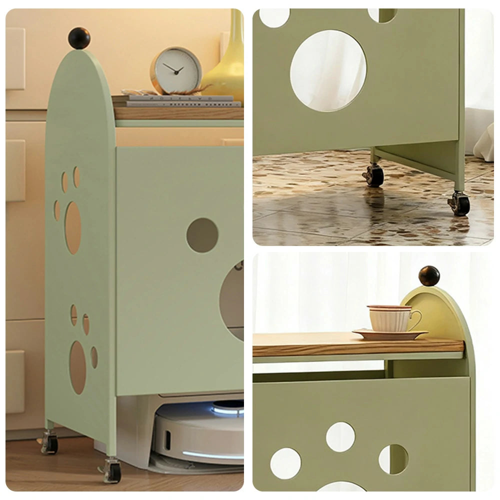 LIVARA Storage Rack with Solid Wood Top, Robot Vacuum Compatible Base, Partition Design, Lockable Casters – Durable & Space-Saving - Green