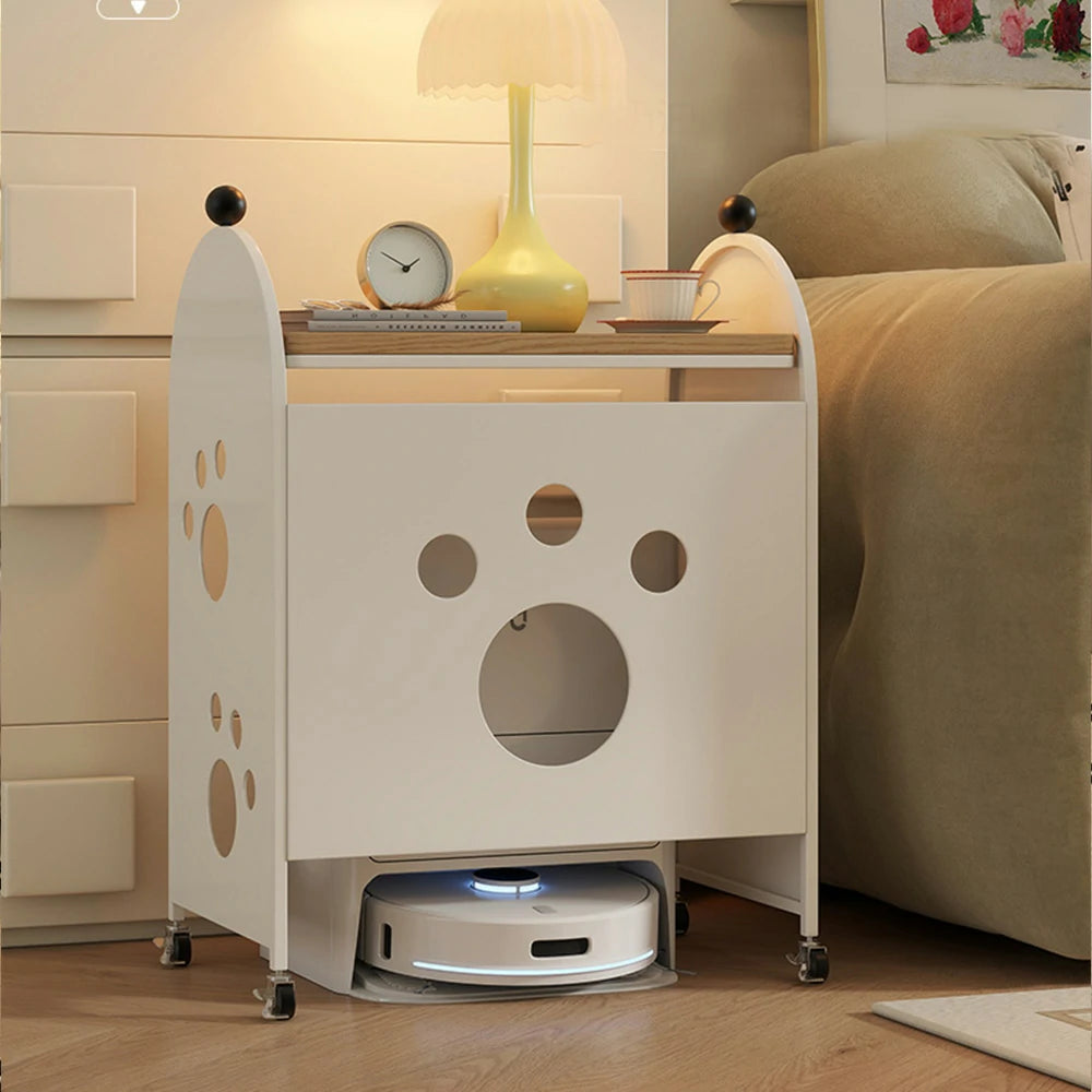 LIVARA Storage Rack with Solid Wood Top, Robot Vacuum Compatible Base, Partition Design, Lockable Casters – Durable & Space-Saving - White