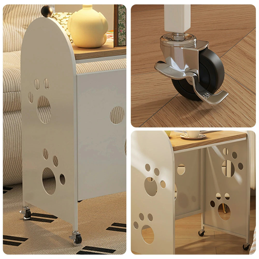 LIVARA Storage Rack with Solid Wood Top, Robot Vacuum Compatible Base, Partition Design, Lockable Casters – Durable & Space-Saving - White