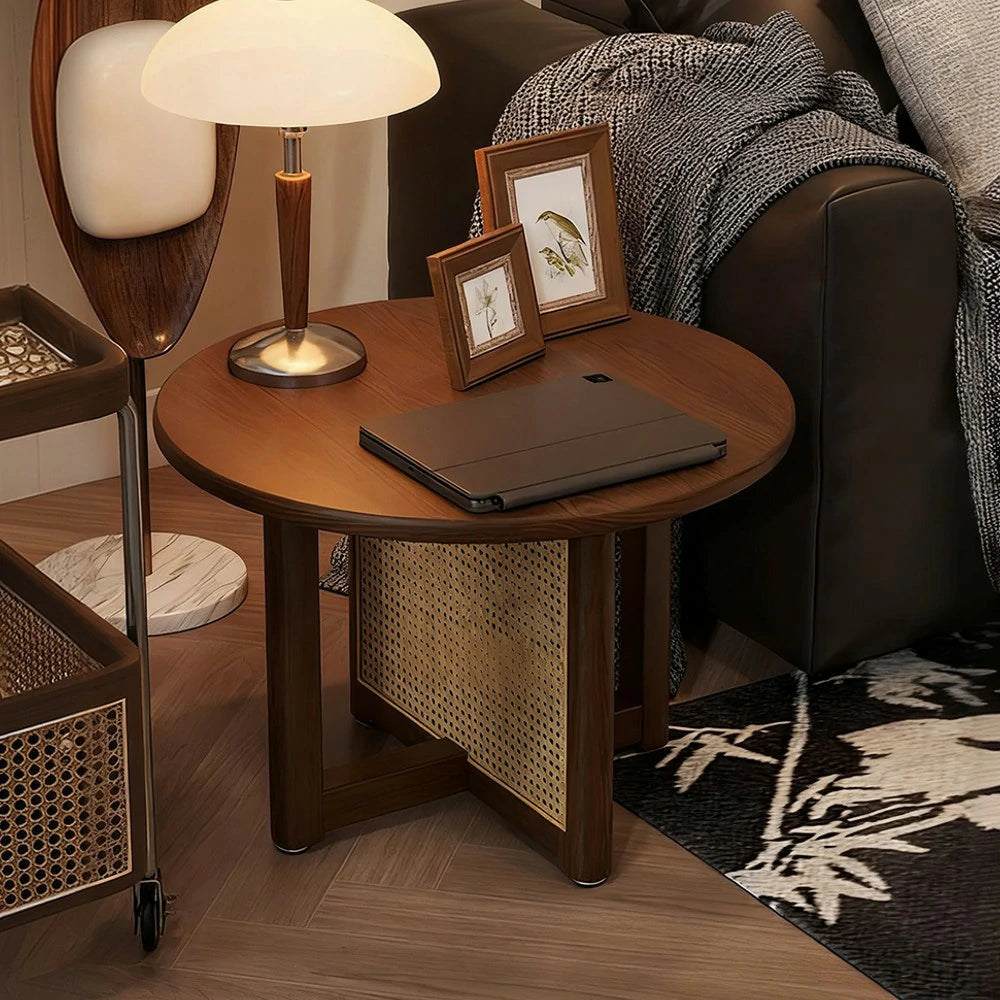 LIVARA Coffee Table with Storage, Solid Wood Frame, Handwoven Rattan Panels, Rounded Corners, Reinforced Legs - Walnut