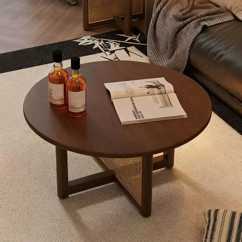 LIVARA Coffee Table with Storage, Solid Wood Frame, Handwoven Rattan Panels, Rounded Corners, Reinforced Legs - Walnut