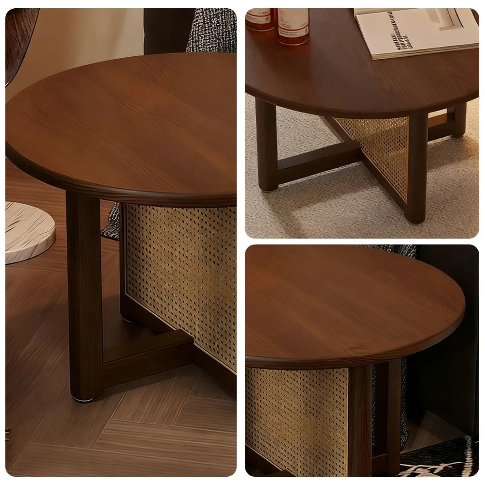 LIVARA Coffee Table with Storage, Solid Wood Frame, Handwoven Rattan Panels, Rounded Corners, Reinforced Legs - Walnut