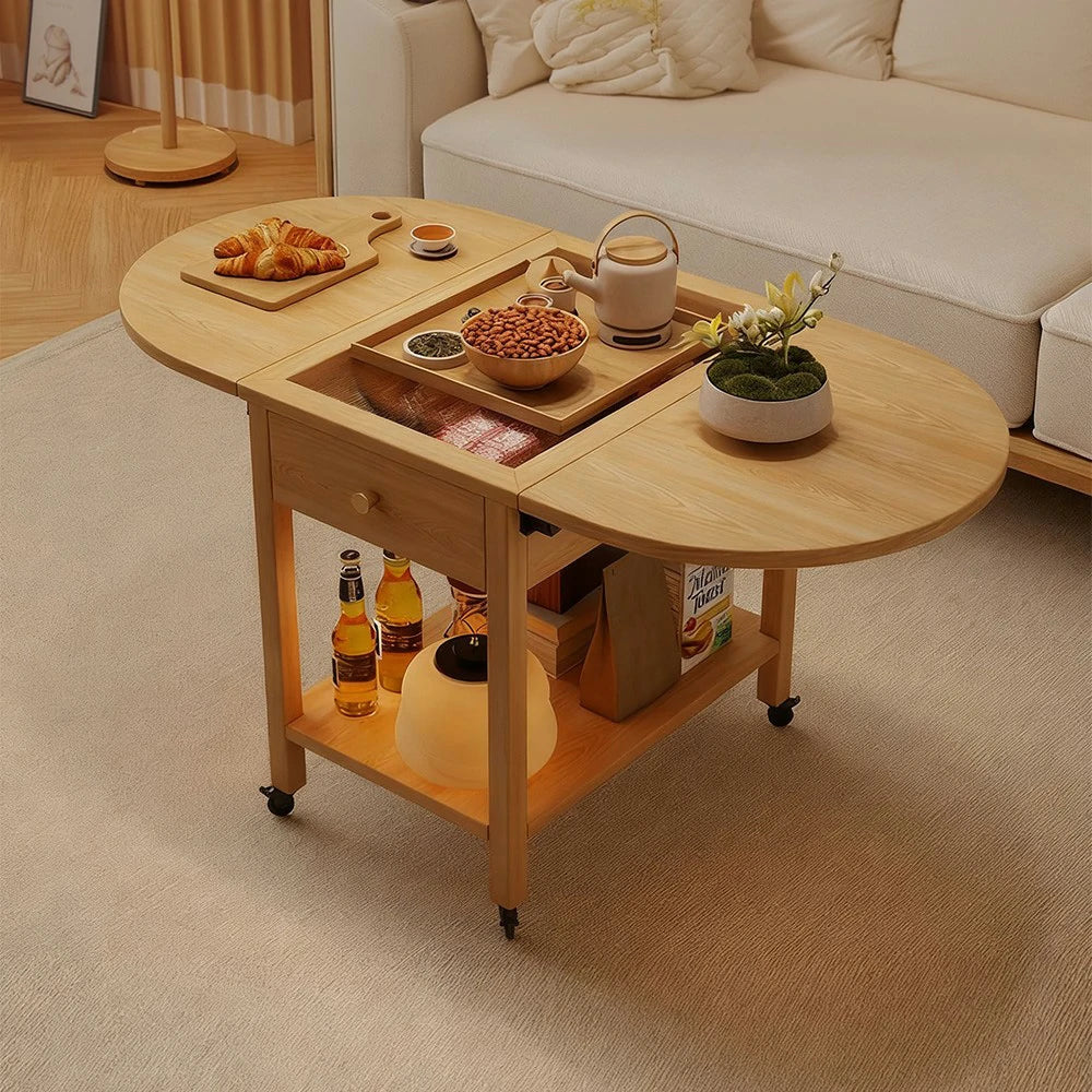 LIVARA Folding Coffee Table, 3-in-1 Convertible Design with Drawer, Solid Wood Frame, Extendable Top, Storage Shelf & Lockable Casters - Wood