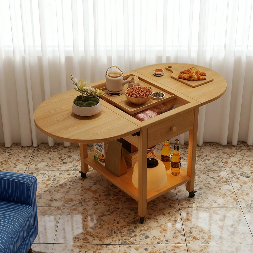 LIVARA Folding Coffee Table, 3-in-1 Convertible Design with Drawer, Solid Wood Frame, Extendable Top, Storage Shelf & Lockable Casters - Wood