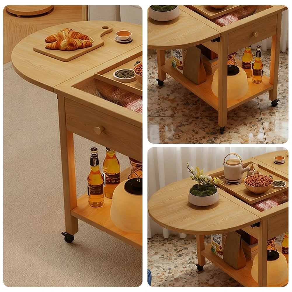 LIVARA Folding Coffee Table, 3-in-1 Convertible Design with Drawer, Solid Wood Frame, Extendable Top, Storage Shelf & Lockable Casters - Wood