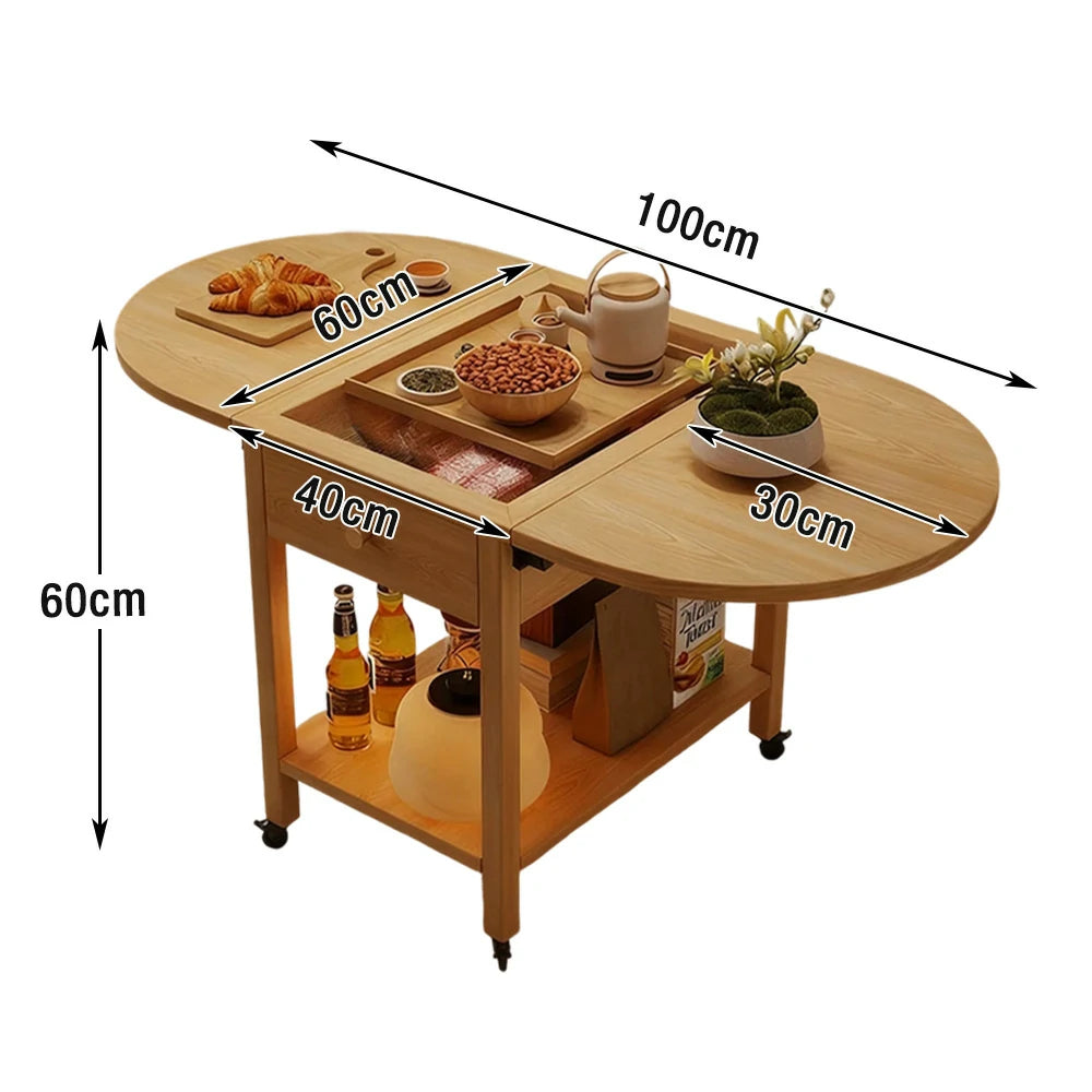 LIVARA Folding Coffee Table, 3-in-1 Convertible Design with Drawer, Solid Wood Frame, Extendable Top, Storage Shelf & Lockable Casters - Wood